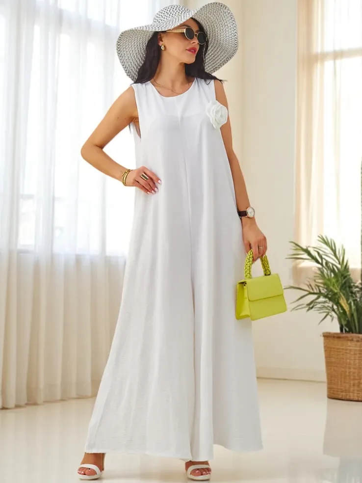 Artemisia Eleganza – biały damski kombinezon maxi z wiskozy na ramiączkach