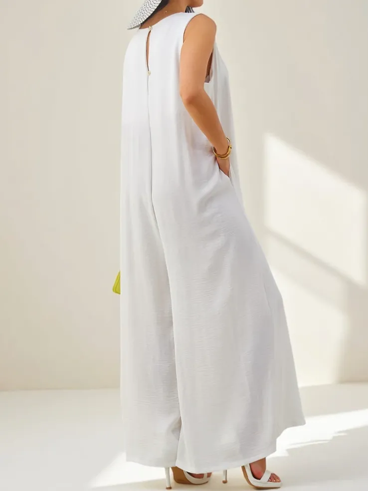 Artemisia Eleganza – biały damski kombinezon maxi z wiskozy na ramiączkach