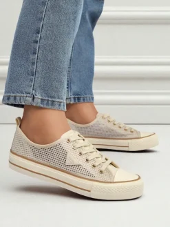 Aurelia Beige - damskie tenisówki tkaninowe na płaskiej podeszwie 3 cm