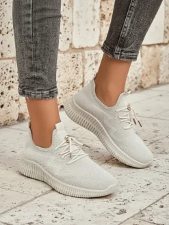 Aurelia Beige Royalfashion – Beżowe tenisówki damskie tkanina sznurowane