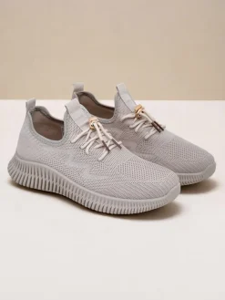 Aurelia Beige Royalfashion – Beżowe tenisówki damskie tkanina sznurowane