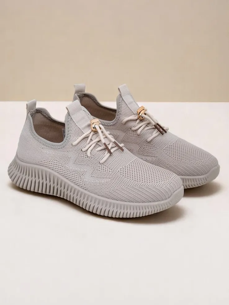 Aurelia Beige Royalfashion – Beżowe tenisówki damskie tkanina sznurowane