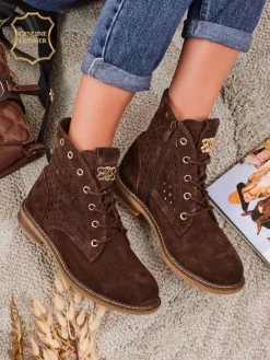 Aurelia Brązowe Botki Zamszowe z Futerkiem Ażurowe Eleganckie 2,5cm