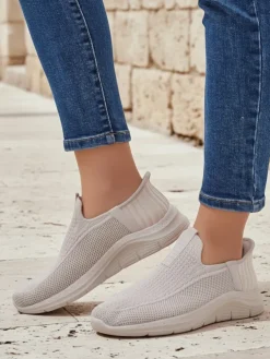 Aurelia Comfort Beżowe Slip On Damskie Buty z Tkaniny Na Płaskim Obcasie