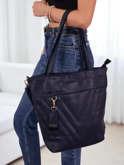 Aurelia Granatowa Torebka Shopper A4 ze skóry ekologicznej, Duża z paskiem