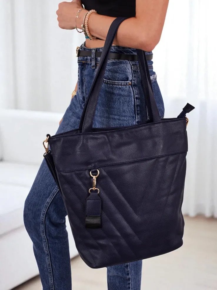 Aurelia Granatowa Torebka Shopper A4 ze skóry ekologicznej, Duża z paskiem