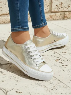 Aurelia Italia złote trampki damskie na platformie tkanina wiosna lato