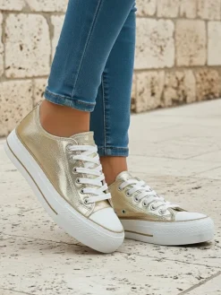 Aurelia Italia złote trampki damskie na platformie tkanina wiosna lato