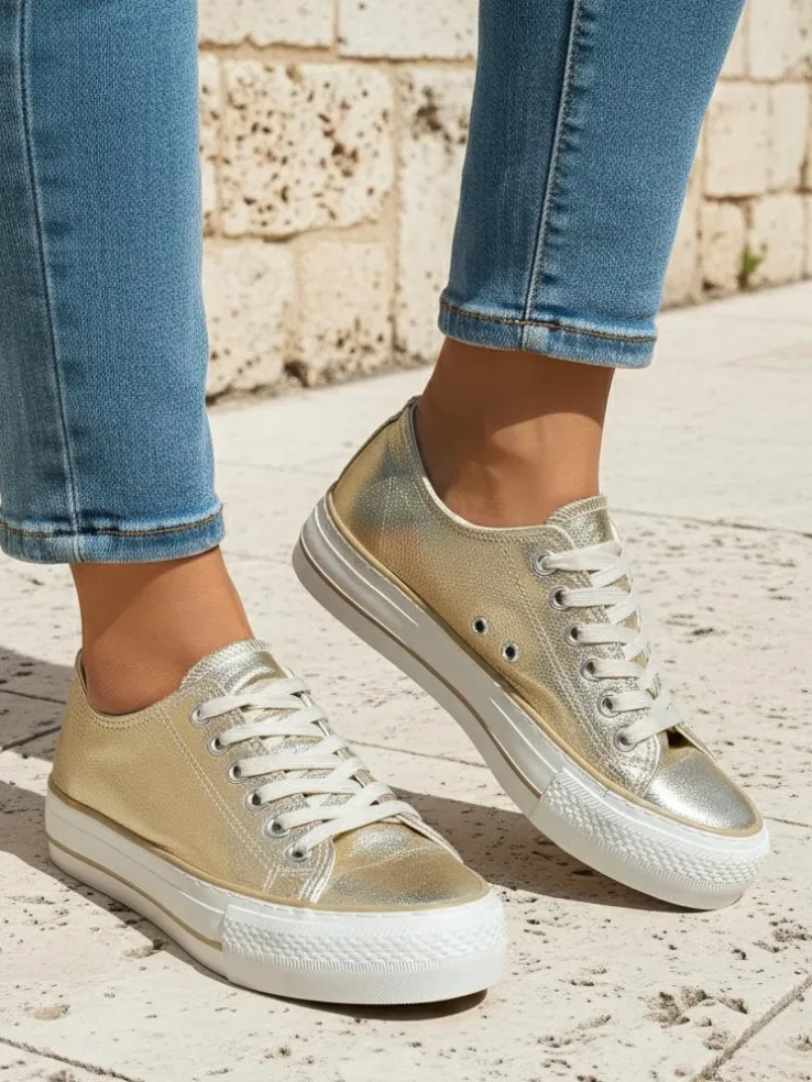 Aurelia Italia złote trampki damskie na platformie tkanina wiosna lato