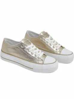 Aurelia Italia złote trampki damskie na platformie tkanina wiosna lato