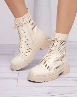 Ażurowe beżowe damskie botki na płaskim obcasie Rolika - Obuwie