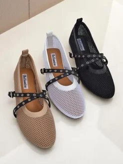 Baleriny Royalfashion Calista Bianca – siateczkowe białe buty damskie z czarnymi paskami