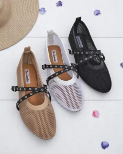 Baleriny Royalfashion Calista Bianca – siateczkowe białe buty damskie z czarnymi paskami