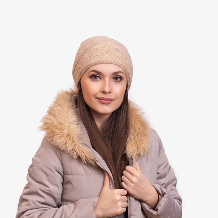 Beżowa ciepła damska dwuwarstwowa czapka - Akcesoria