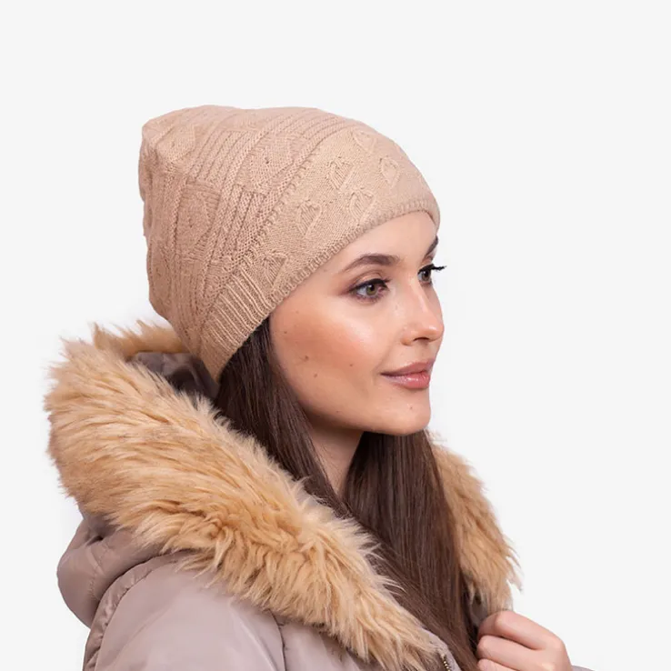Beżowa ciepła damska dwuwarstwowa czapka - Akcesoria
