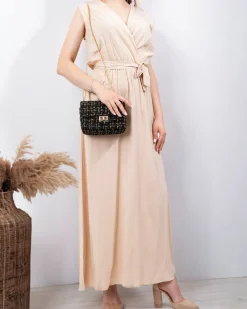 Beżowa damska maxi sukienka - Odzież