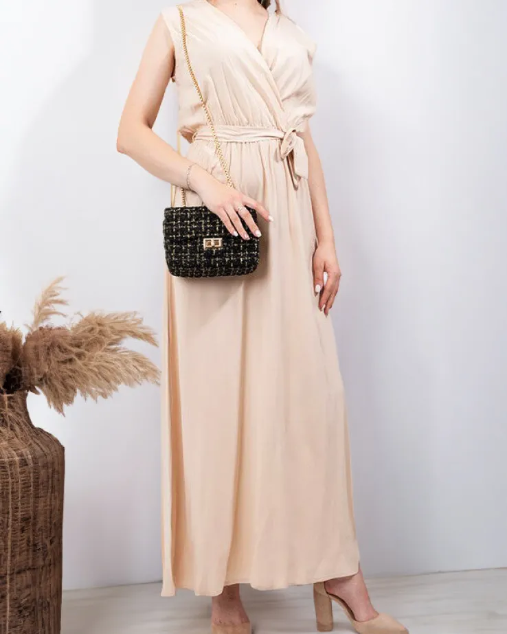 Beżowa damska maxi sukienka - Odzież