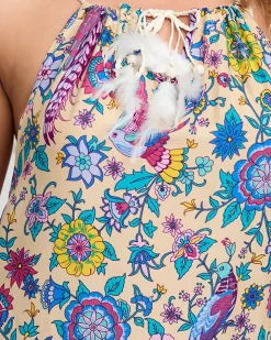 Beżowa damska wzorzysta narzutka typu sukienka - Odzież