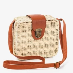 Beżowa słomiana torebka typu kuferek - Torebki