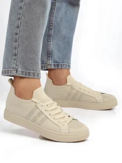 Beżowe sneakersy Damiani – lekkie trampki tkanina/skóra eco na lato