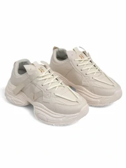 Beżowe sneakersy damskie Platina Roma na płaskim obcasie skóra eko 5 cm