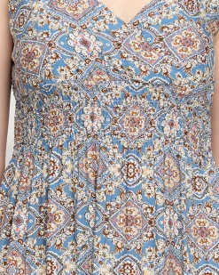 Beżowo- niebieska damska letnia sukienka z printem- Odzież