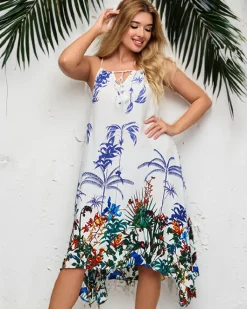 Biała damska letnia sukienka z motywem roślinnym- Odzież
