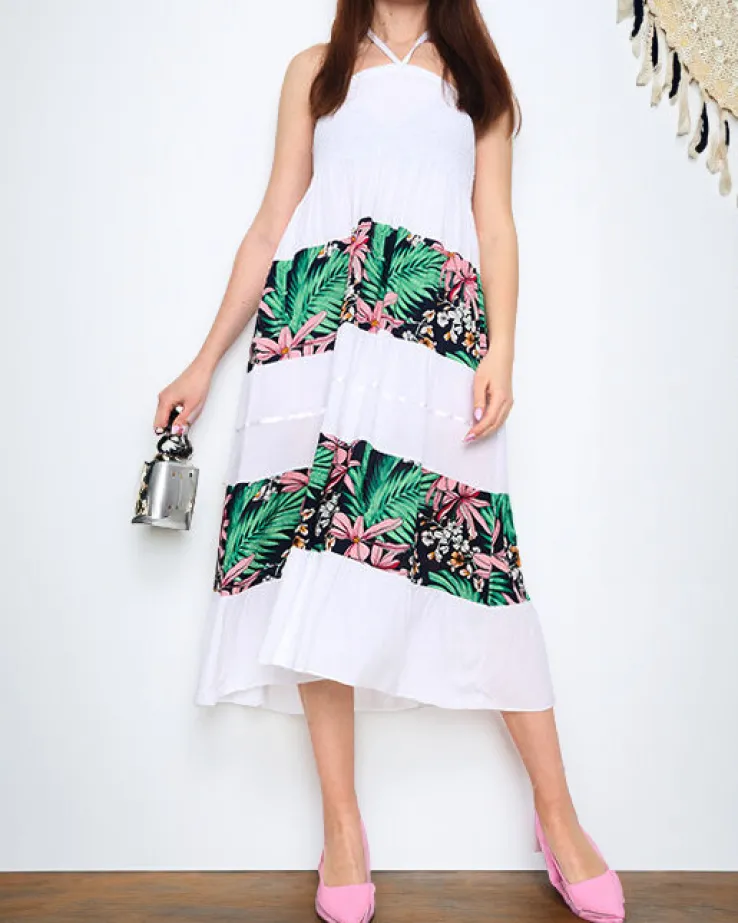 Biała damska sukienka midi w kwiaty PLUS SIZE - Odzież