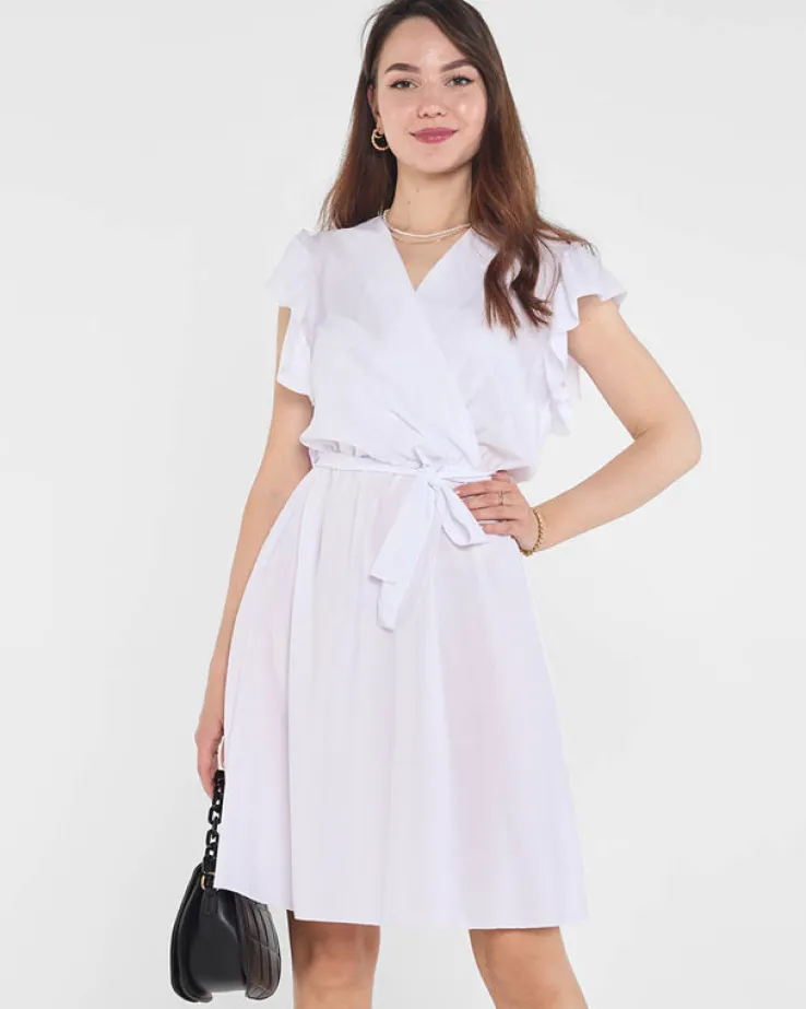 Biała damska sukienka mini z wiązaniem - Odzież