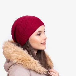 Bordowa ciepła damska dwuwarstwowa czapka - Akcesoria