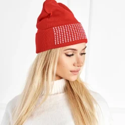 Bordowa damska czapka z perełkami - Akcesoria