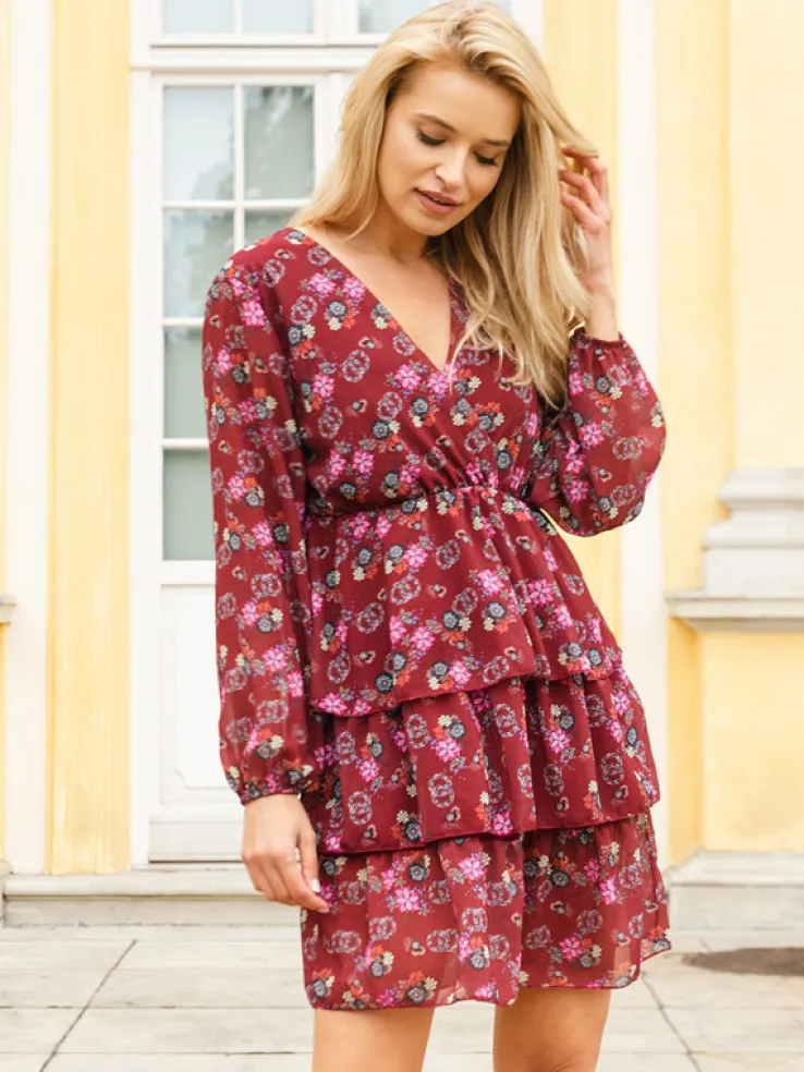 Bordowa damska sukienka w kwiaty - Odzież
