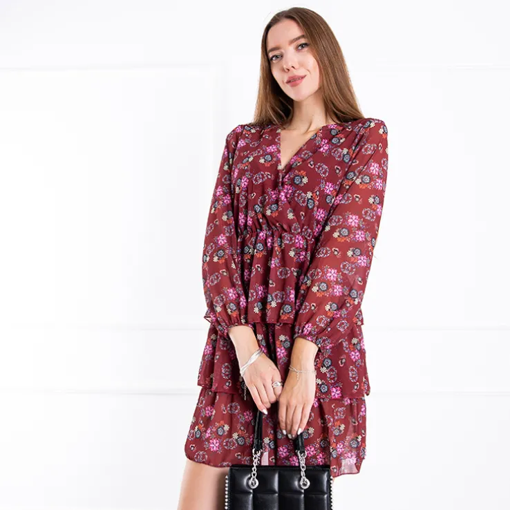 Bordowa damska sukienka w kwiaty - Odzież