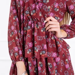 Bordowa damska sukienka w kwiaty - Odzież