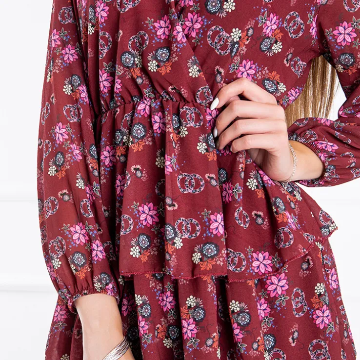 Bordowa damska sukienka w kwiaty - Odzież