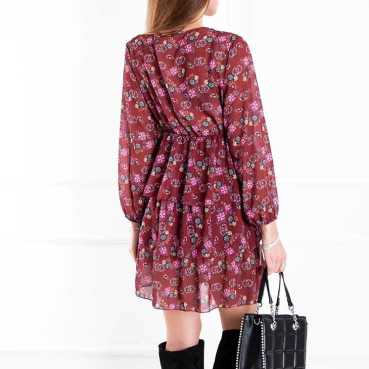 Bordowa damska sukienka w kwiaty - Odzież