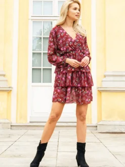 Bordowa damska sukienka w kwiaty - Odzież