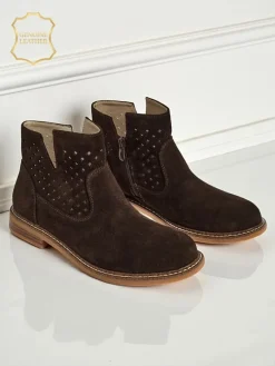 Botki Ariadne z naturalnego zamszu ciemnobrązowe, płaskie obcasy 3 cm