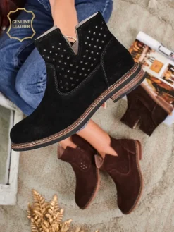 Botki Aurelia Nero zamszowe ażurowe botki damskie płaski obcas 3cm