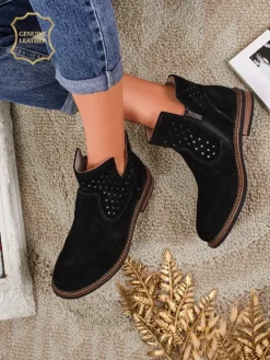 Botki Aurelia Nero zamszowe ażurowe botki damskie płaski obcas 3cm