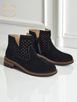 Botki Aurelia Nero zamszowe ażurowe botki damskie płaski obcas 3cm