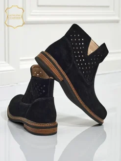 Botki Aurelia Nero zamszowe ażurowe botki damskie płaski obcas 3cm