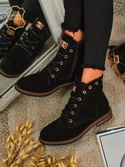 Botki damskie Aurelia Romano z naturalnego zamszu – brązowe, z futerkiem