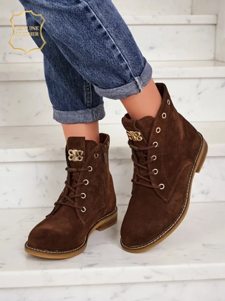 Botki damskie Aurelia Romano z naturalnego zamszu – brązowe, z futerkiem