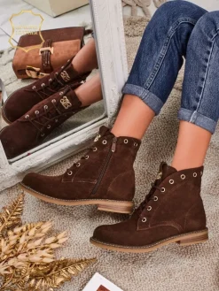 Botki damskie Aurelia Romano z naturalnego zamszu – brązowe, z futerkiem