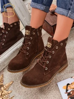 Botki damskie Aurelia Romano z naturalnego zamszu – brązowe, z futerkiem