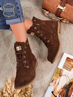 Botki damskie Aurelia Romano z naturalnego zamszu – brązowe, z futerkiem