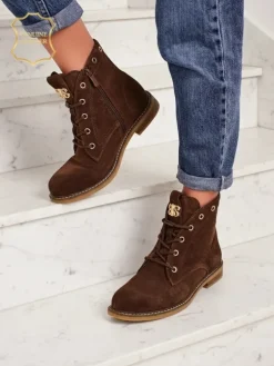 Botki damskie Aurelia Romano z naturalnego zamszu – brązowe, z futerkiem