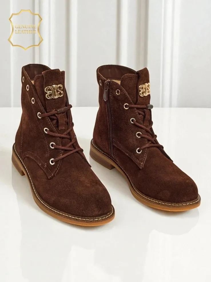 Botki damskie Aurelia Romano z naturalnego zamszu – brązowe, z futerkiem