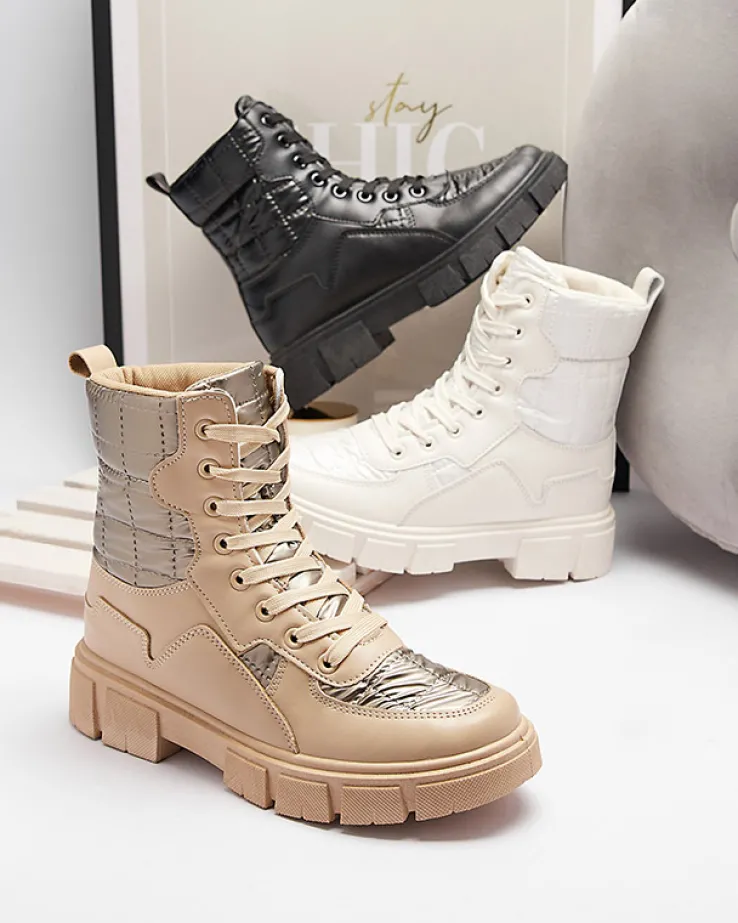 Calista Obuwie Damskie Modne Płaskie Botki Kremowe